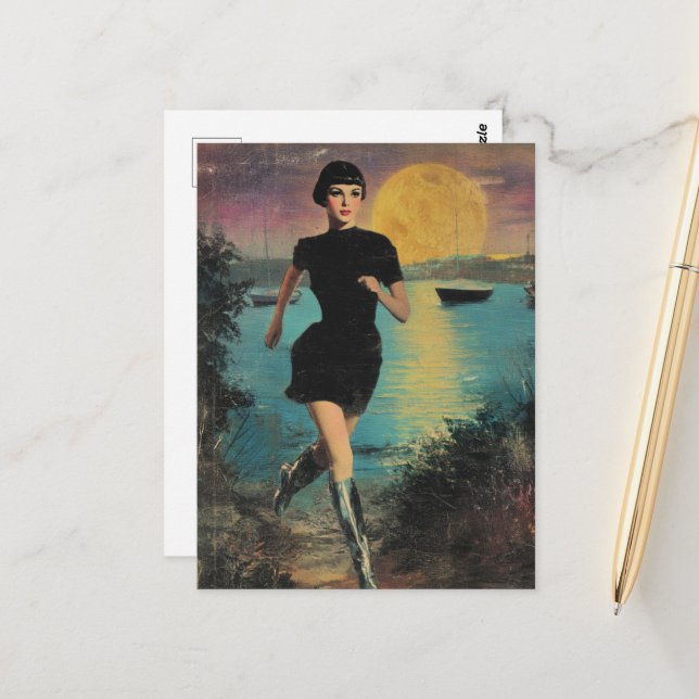 Cartão Postal Ela corre na praia com botas pretas de prata (Frente/Verso In Situ)