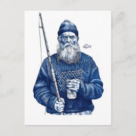Cartão Postal Elderly Sailor Holding Fishing Rod And Mug