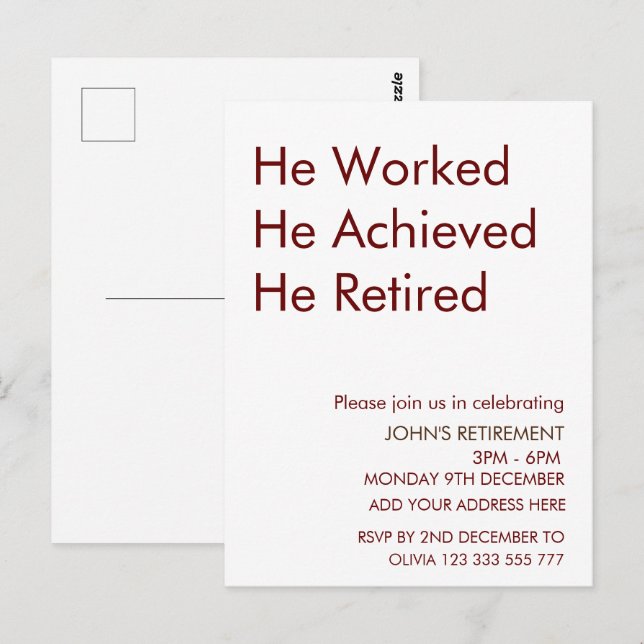 Cartão Postal Ele Trabalhou Que Conseguiu Aposentar-Se. (Frente/Verso)