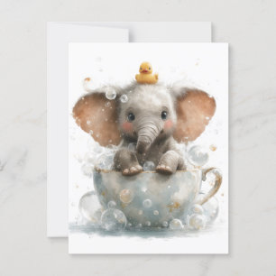 Cartão Postal Elefante Adorável de Bebê em Teacup com Pato de Bo