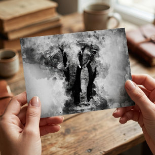 Cartão Postal Elefante Africano Aquarela Preto e Branco