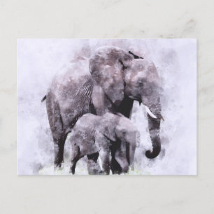 Cartão Postal Elefante Africano Feminino com Aquarela de Vitelo