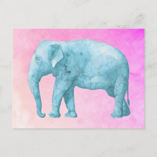 Cartão Postal Elefante Azul Claro em Aquarelas Rosa Sonhadoras