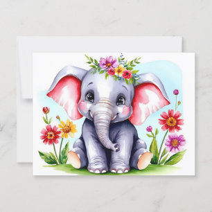 Cartão Postal Elefante bebê aquarela com flores