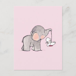 Cartão Postal Elefante Bonito e Coelhinho