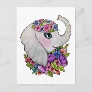 Cartão Postal Elefante Cinto E Flores Selvagens Em Aquarela