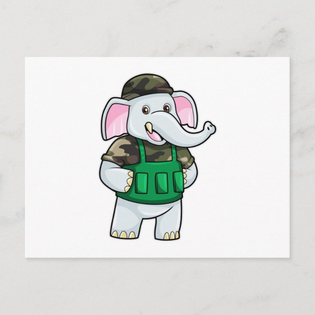 Cartão Postal Elefante como Soldado com Uniforme e Capacete (Frente)