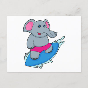 Cartão Postal Elefante como Surfista com Prancha de Surfe