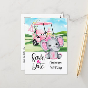 Cartão Postal Elefante de 1º aniversário de golfe e carrinho de