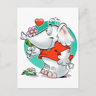 Cartão Postal elefante de amores doces com flor