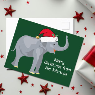 Cartão Postal Elefante de Natal bonito em Santa Claus Hat Green