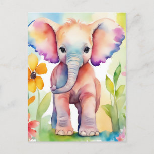 Cartão Postal Elefante de Vida Selvagem de Aquarela