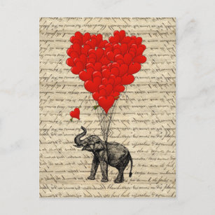 Cartão Postal Elefante e balões dados forma coração