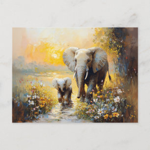 Cartão Postal Elefante e Pintura de Flores e Pôr do Sol de Bezer
