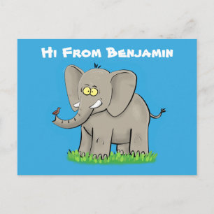 Cartão Postal Elefante engraçado e bonito com desenho animado de