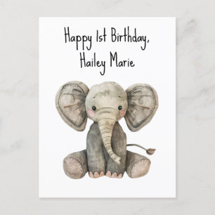 Cartão Postal Elefante Estofado de Primeiro Aniversário Personal
