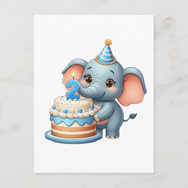 Cartão Postal Elefante Fofo 2º Aniversário (Frente)