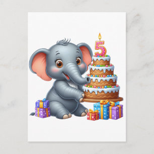 Cartão Postal Elefante Fofo Aniversário de 5 anos