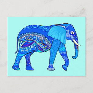 Cartão Postal Elefante Indiano em um Padrão Arabesco Azul