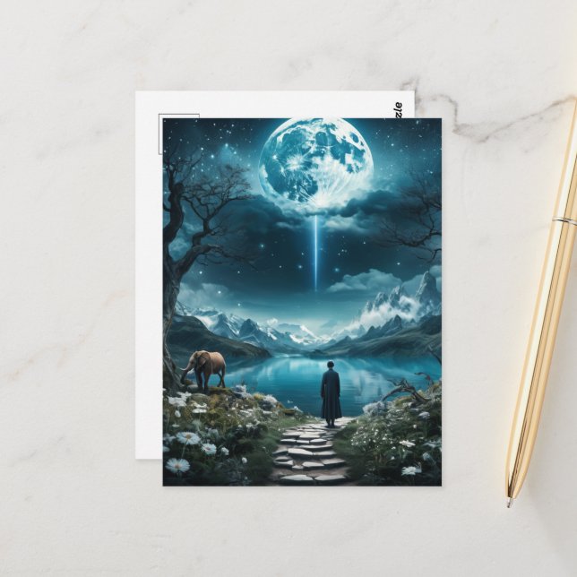 Cartão Postal Elefante-Lua-Cheia e Mulher (Frente/Verso In Situ)