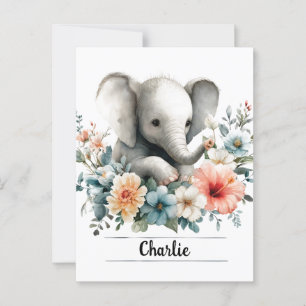 Cartão Postal Elefante para Bebê com Cor de Água Adorável com No