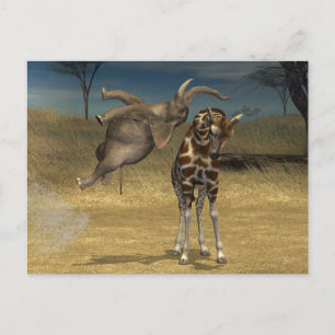 Cartão Postal Elefante Salta Sobre Girafa