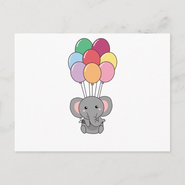 Cartão Postal Elefante Voa com Balões Coloridos (Frente)