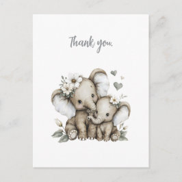 Cartão Postal Elefantes Bebês Meninas Lindos em Aquarela com Flo