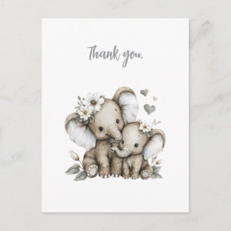 Cartão Postal Elefantes Bebês Meninas Lindos em Aquarela com Flo
