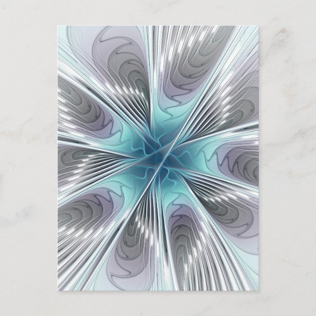 Cartão Postal Elegance Modern Blue Cinza White Fractal Art Flowe (Frente)