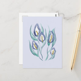 Cartão Postal Elegância Abstrata: Lírios-de-callas Roxos em Aqua