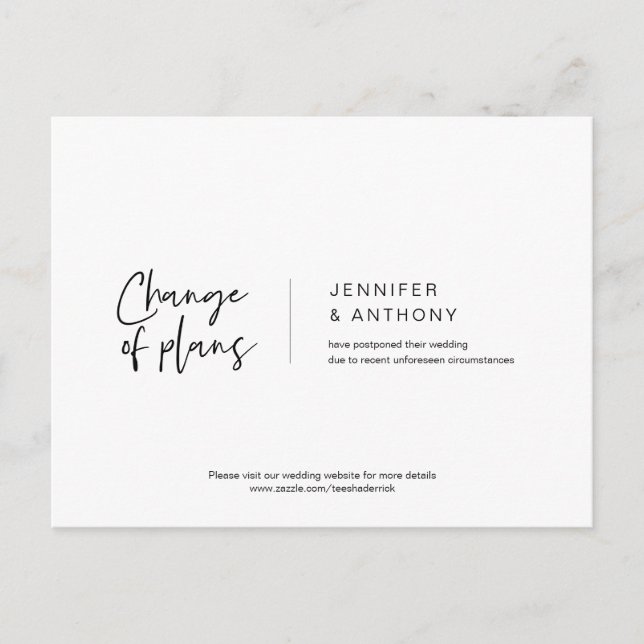 Cartão Postal elegância casual, mudança de planos, adiada (Frente)