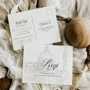 Cartão Postal Elegância Italiana Ilustrada RSVP de Casamento