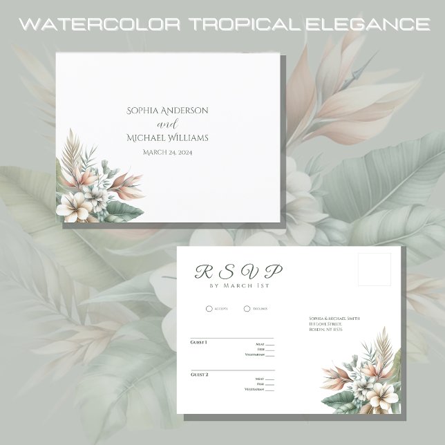 Cartão Postal Elegância Tropical em Aquarela-RSVP-Casamento- (Watercolor Tropical Elegance Wedding Collection-RSVP- Green and Peach)