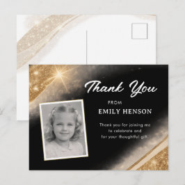 Cartão Postal Elegant Black Gold Glitter Photo Birthday