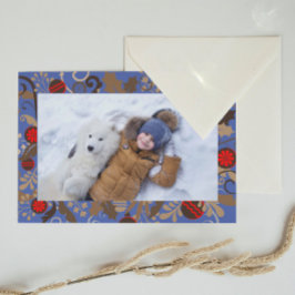 Cartão Postal Elegant Blue & Brown Personalized Photo Christmas