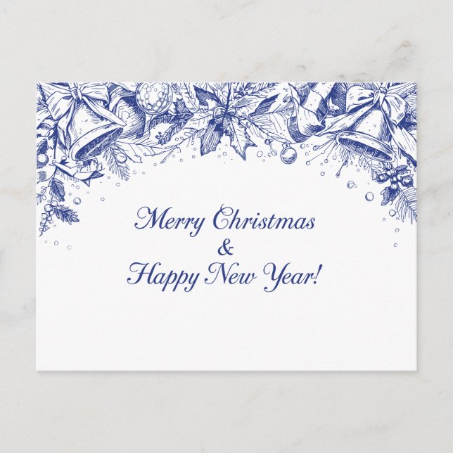 Cartão Postal Elegant Blue Floral Merry Christmas Chinoiserie (Frente)