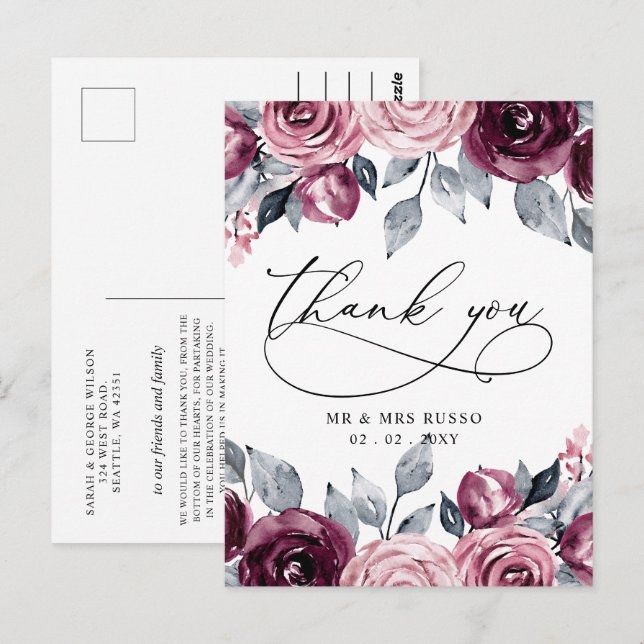 Cartão Postal Elegant Botanical Blush Burgundy Floral Thank You (Frente/Verso)