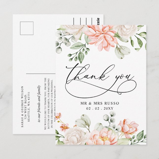 Cartão Postal Elegant Botanical Blush Pink Floral Thank You (Frente/Verso)
