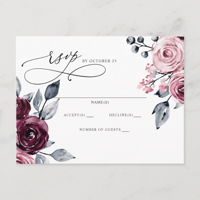 Cartão Postal Elegant Botanical Burgundy Floral RSVP (Frente)