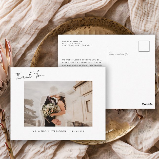 Cartão Postal Elegant Calligraphy Script Wedding Photo Thank You (Criador carregado)