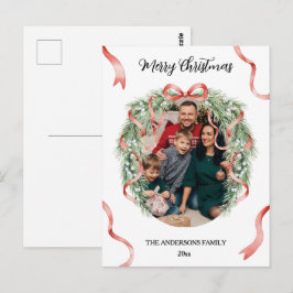 Cartão Postal Elegant Christmas Wreath Bow Custom Family Photo