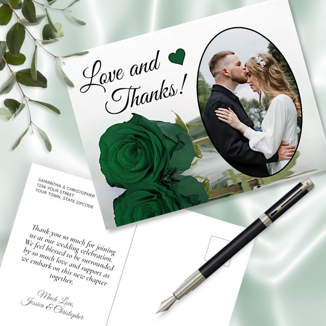 Cartão Postal Elegant Emerald Green Rose Wedding Love & Thanks (Criador carregado)