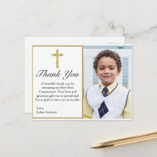 Cartão Postal Elegant Gold Cross Photo 1st Communion Thank You