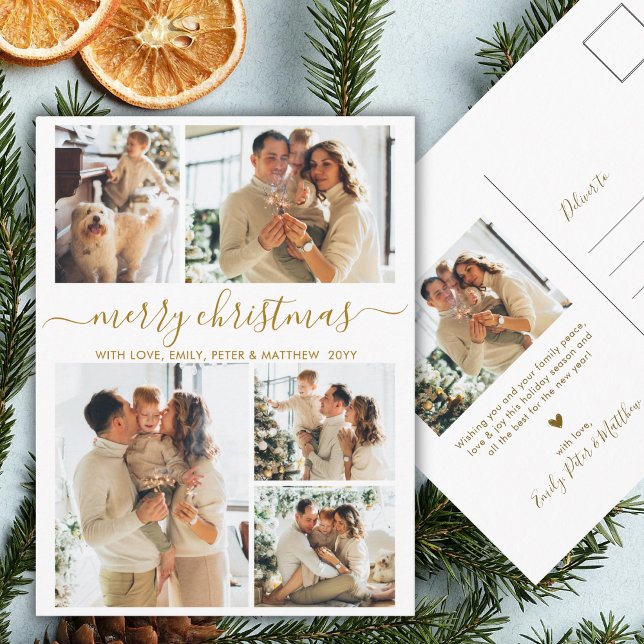 Cartão Postal Elegant Gold Script 6 Photo Collage Christmas (Criador carregado)