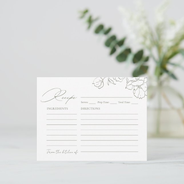 Cartão Postal Elegant hand drawn floral sage green Recipe Card (Em pé/Frente)