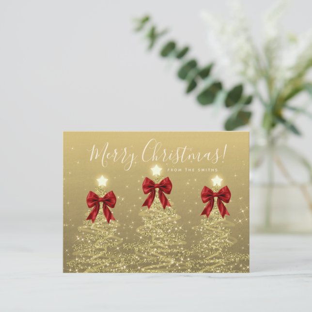 Cartão Postal Elegant Holiday Gold Christmas Trees w/ Red Bows (Em pé/Frente)