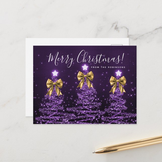 Cartão Postal Elegant Holiday Purple Christmas Trees Gold Bows (Frente/Verso In Situ)