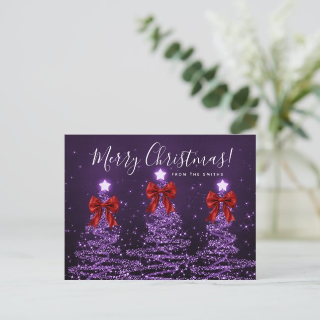 Cartão Postal Elegant Holiday Purple Christmas Trees Red Bows (Em pé/Frente)