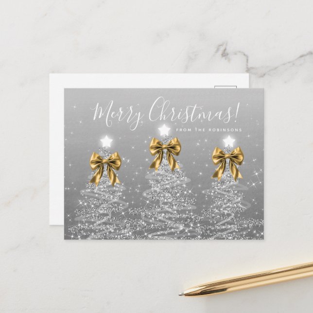 Cartão Postal Elegant Holiday Silver Christmas Trees Gold Bows (Frente/Verso In Situ)